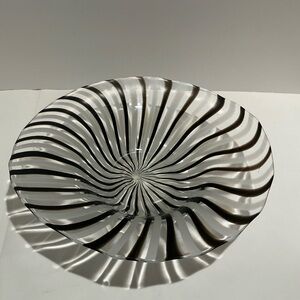 Large Black & White Swirl Vintage Handmade 12” Art Glass Bowl/Jewelry Catch All